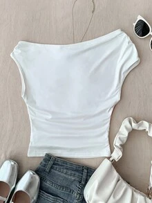 少女白色针织休闲简约花卉印花不对称褶皱短款上衣，适合春夏季休闲、个性化造型、日常穿着 - 杏色 - 查看 2