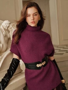 SHEIN Unity 奢华优雅女士短袖腰带毛衣 - 酒紅色 - 查看 1