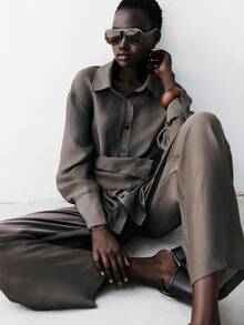 Lumivelle Zielony-D 女士通勤简约透明高端休闲长袖衬衫和直筒裤两件套 - 深灰色 - 查看 1