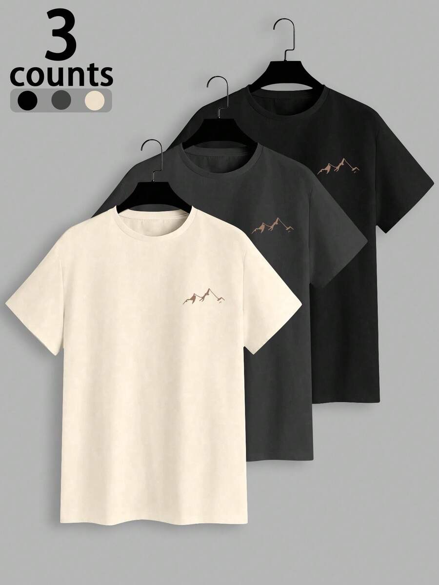 Manfinity Homme 3pcs/Set Plus Size Men's Casual Mountain Print T-Shirts, Summer - Black - View 1
