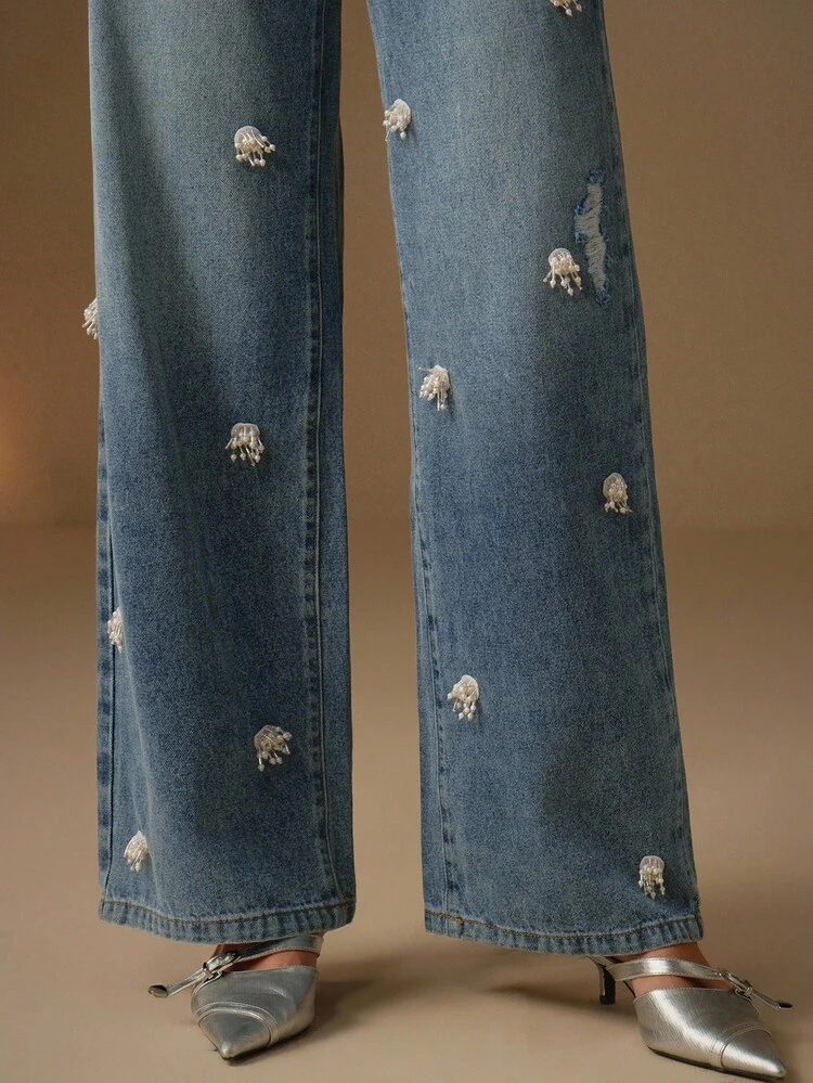 Vintage Style Diamond Embellished Women's Straight Leg Blue Jeans