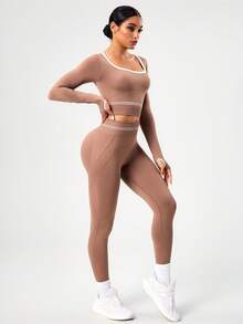 SHEIN Sports Damen nahtloser figurbetonter Kontrast-Farben Sportset - Kaffeebraun - Übersicht 4