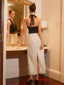Poéselle Women's White And Black Summer Elegant Day Party Halter Neck Dress With Belt, Backless Patchwork Spliced Tassel Hem Fitted Mid-Length Skirt Dress - Black - View 8