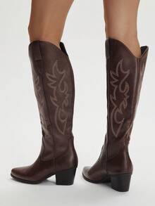 Styleloop Western Cowgirl Boots, Embroidered Riding Boots, Chelsea Boots, Tall Maillard Boots For Women, Suitable For Halloween, Christmas, Autumn Outfits, Western Boots, Core - Coffee Brown - View 5
