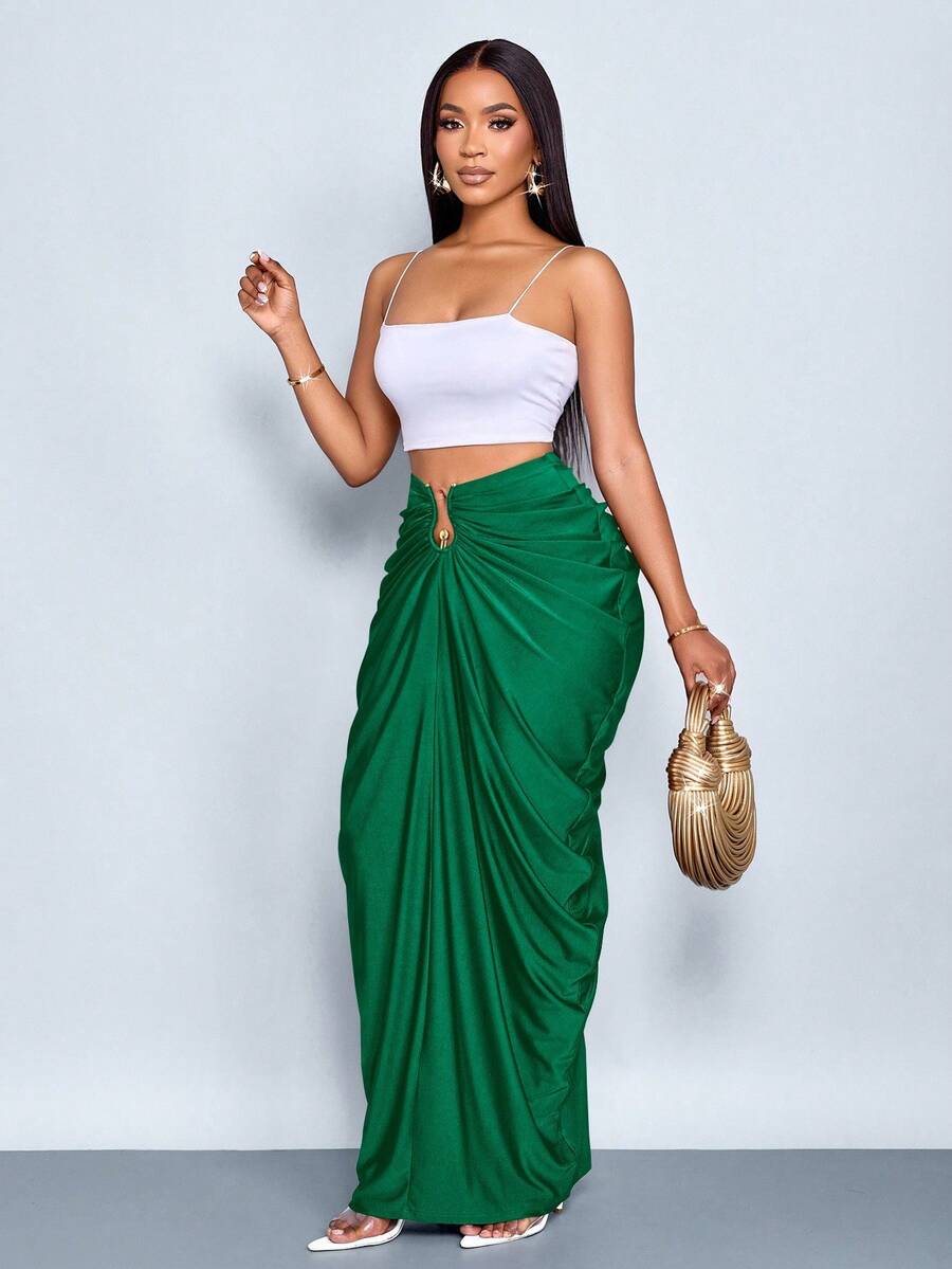 SOLERSUN Women's Fashion Solid Color Gathered Ruched Skirt - Dark Green - View 1