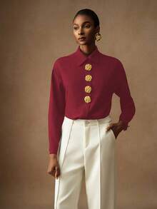Vesra Blusa de manga larga con hombros caídos y decoración de botones, elegante para otoño - Burdeos - Ver 4