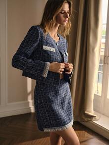 MOTF PREMIUM TWEED BUTTON UP JACKET & FAUX PEARL TRIM SKIRT OUTFIT - Navy Blue - View 5