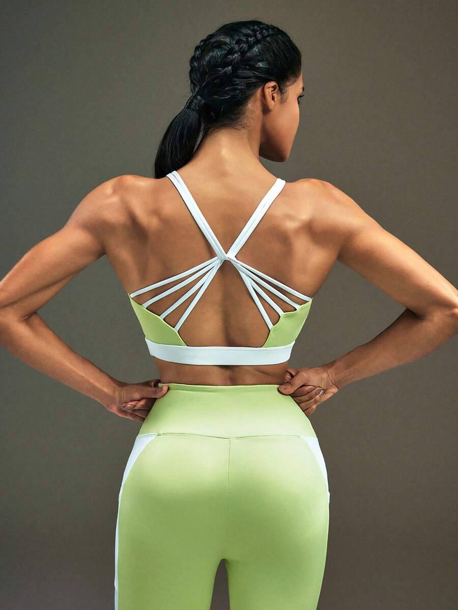 Powerista Women's Letter Print Mesh Patchwork Ring Decor Camisole Sports Bra - Green - View 1