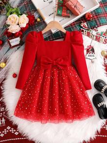 SHEIN 年轻女孩纯色方领羊腿袖网眼下摆休闲连衣裙 - 紅色 - 查看 6
