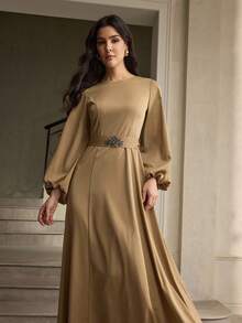 ZEYLAH Robe élégante de soirée à manches lanternes de couleur unie avec cristaux ornés - Kaki - Voir 4