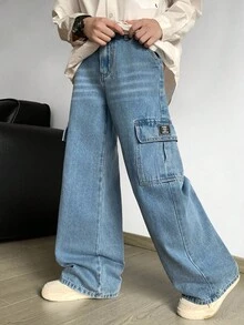 Tween Boy Fashion Casual Vintage Cool Street Patch Details Loose Comfortable And Refreshing Pocket Design Blue Cargo Loose Jeans For Dailywear And Spring To Summer Rave Festival And Streetwear - Blue - View 1