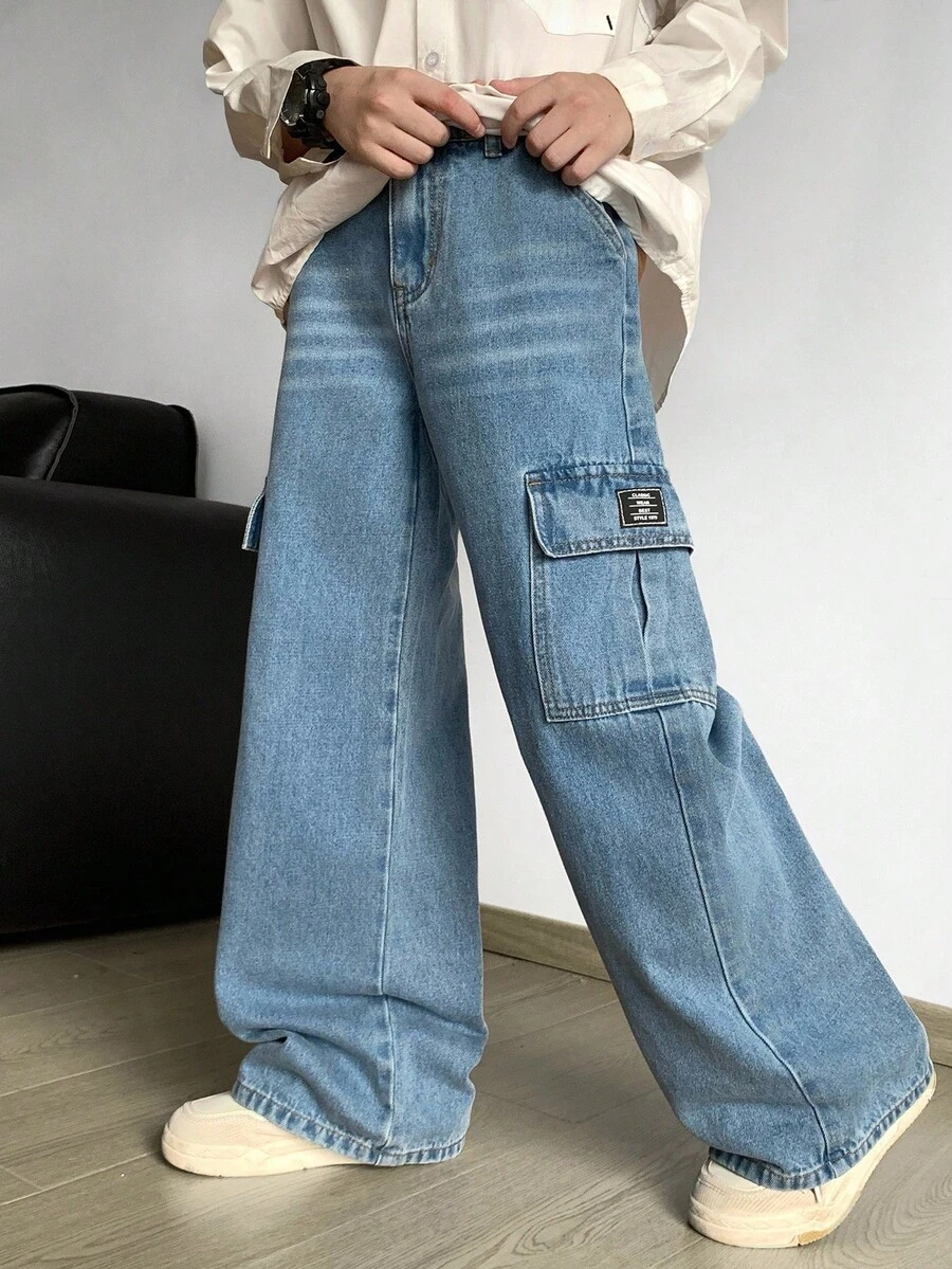 Tween Boy Fashion Casual Vintage Cool Street Patch Details Loose Comfortable And Refreshing Pocket Design Blue Cargo Loose Jeans For Dailywear And Spring To Summer Rave Festival And Streetwear - Blue - View 1