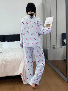 SHEIN 女士翻领爱心条纹长袖上衣和裤子睡衣套装，秋冬服装 - 彩色 - 查看 2