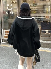 DAZY Women's Lace Patchwork Hooded Loose Fit Long Sleeve Sweatshirt Jacket