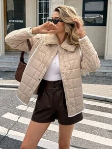 SHEIN Frenchy معطف شتوي كاجوال أحادي الصدر مزين بياقة من الفرو الاصطناعي للنساء - لون مشمشي - مشاهدة 3