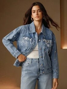 Anewsta 女式手工水钻装饰牛仔夹克 - 藍色 - 查看 4