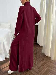 EURMUSE Women Solid Color Rib Knit Turtleneck Slit Detailed Long Sweater Dress & Sweater Pants Set - Burgundy - View 7