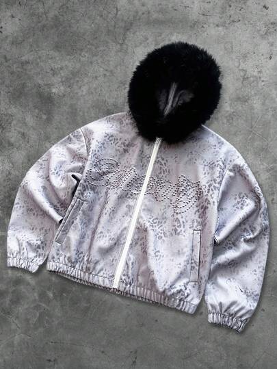 Street Life Unisex Street American Animal Texture English Graphic Print Fur Collar Jacket