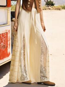 Easelle Quần nữ ống rộng màu trơn kiểu Bohemian cổ điển phối ren tương phản, quần áo mùa hè cho nữ, quần xếp ly, quần ren, quần màu kem, quần ống rộng viền ren. - Màu be - Xem 1