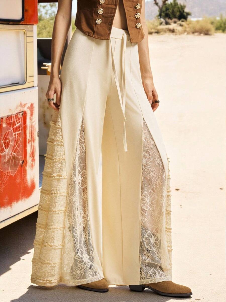 Easelle Quần nữ ống rộng màu trơn kiểu Bohemian cổ điển phối ren tương phản, quần áo mùa hè cho nữ, quần xếp ly, quần ren, quần màu kem, quần ống rộng viền ren. - Màu be - Xem 1