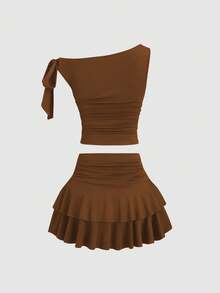 Sweetra Bộ áo ba lỗ dây mảnh họa tiết hoa kim loại và chân váy mini xếp ly mùa hè cho nữ - Màu nâu  Mocha - Xem 4
