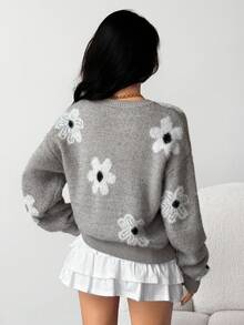 SHEIN 少女花卉提花针织开衫，优雅套头毛衣，适合日常穿着，旅行，搭配裙子，长袖秋冬装女孩女士 - 淺灰色 - 查看 5