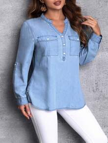 EMERY ROSE Plus Size Casual Commuter Notched Neck Denim Blouse - Blue - View 5