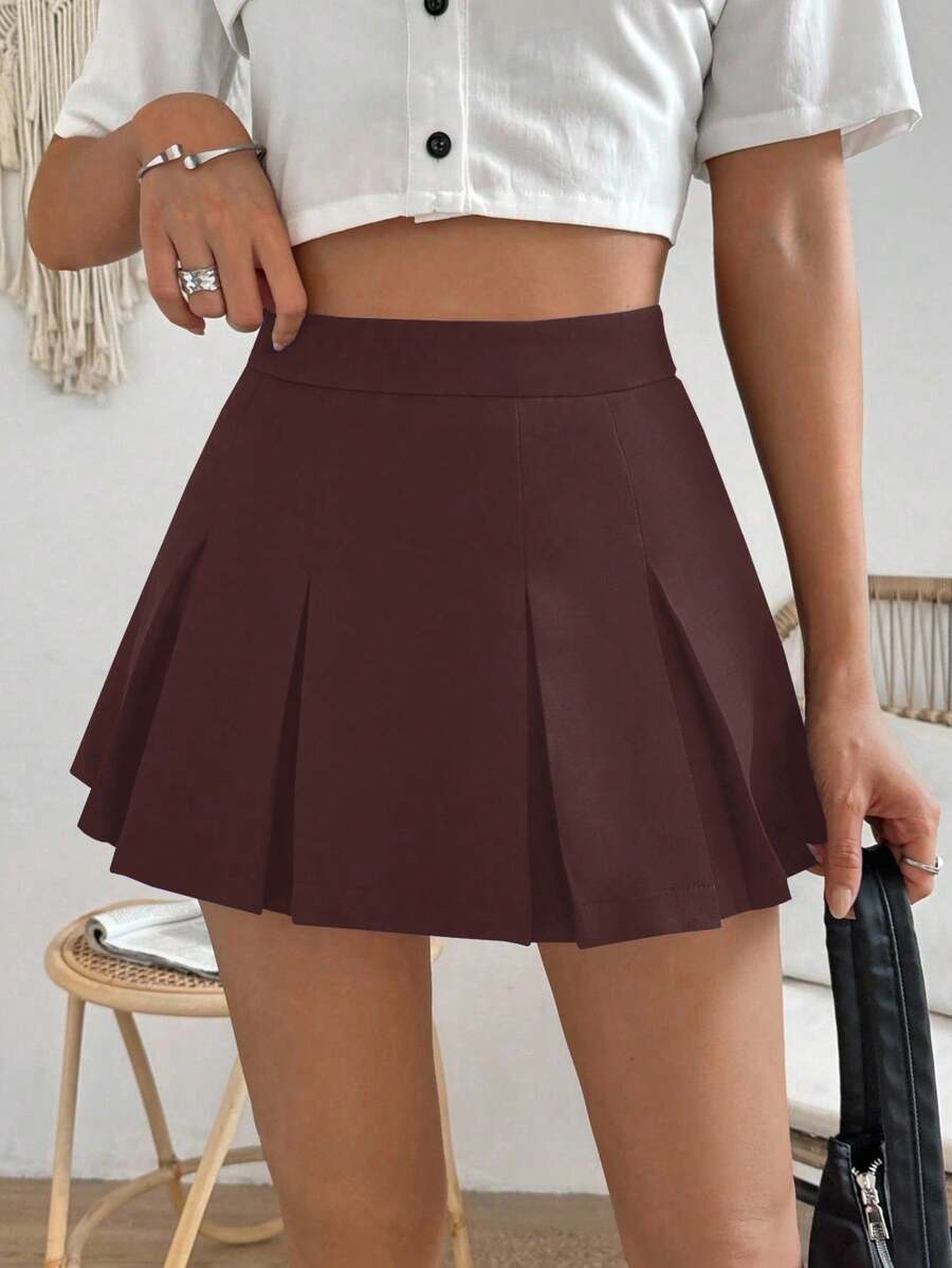 Chiquease Casual Solid Color Pleated Mini Skirt, Summer - Bronze - View 1