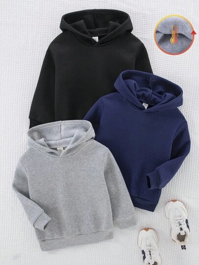 SHEIN 3件套男童休闲纯色宽松套头卫衣套装，用途广泛，适合上学、花园、海滩、生日等场合，春、夏、秋、冬四季皆宜。