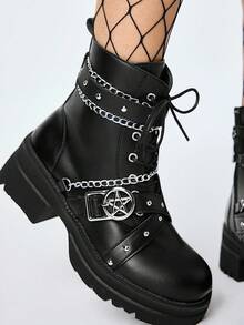 ROMWE Grunge Punk 女士黑色侧拉链系带靴，暗黑朋克摇滚风格链条装饰机车靴，学院复古骑士皮革踝靴 - 黑色 - 查看 3