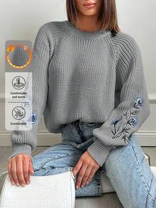Women's Floral Embroidery Crew Neck Casual Versatile Long Sleeve Pullover Sweater
