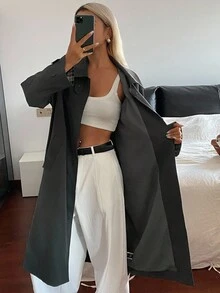 DAZY 拼接格纹宽松长袖翻领袖口休闲街头秋冬女式外套 - 灰色 - 查看 5