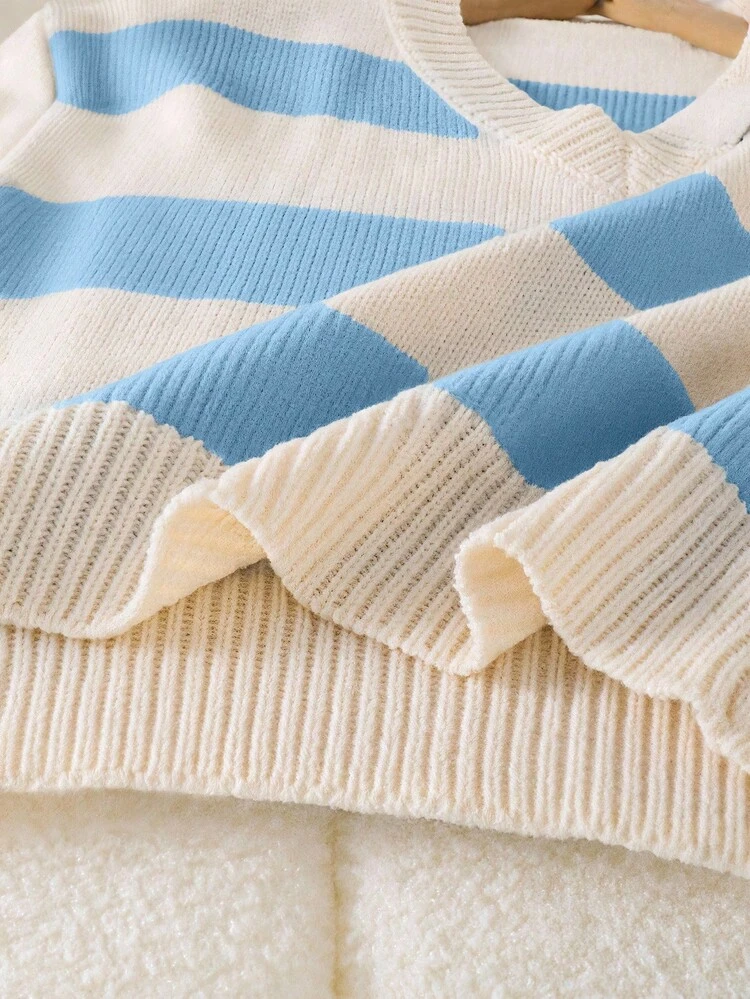 SHEIN Áo len dệt kim sọc thời trang cho bé gái tuổi teen - Áo chui đầu ngắn tay dài cổ chữ V màu đen và trắng tương phản, chất liệu dệt kim dày dặn cho phong cách thể thao và đường phố, trang phục học sinh đa năng cho mùa xuân/thu - Nhiều màu - Xem 5
