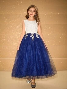 女孩优雅新款圣诞派对长裙雪纺礼服，适合婚礼、派对、主持 - 藏蓝色 - 查看 1