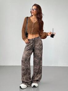 SHEIN PETITE 秋冬白色灯笼袖纽扣罗纹针织开衫 - 棕色 - 查看 4