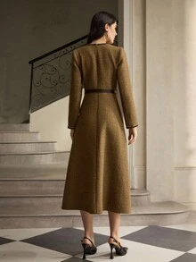 ZEYLAH Vestido elegante de manga larga con cuello en V y largo medio para mujeres - Café - Ver 4