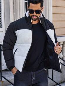 Manfinity CasualCool Men's Patchwork Sherpa Fleece Fabric Casual Loose Comfortable Sports Street Mature Stand Collar Padded Coat, Winter, Fall - Black and White - View 6
