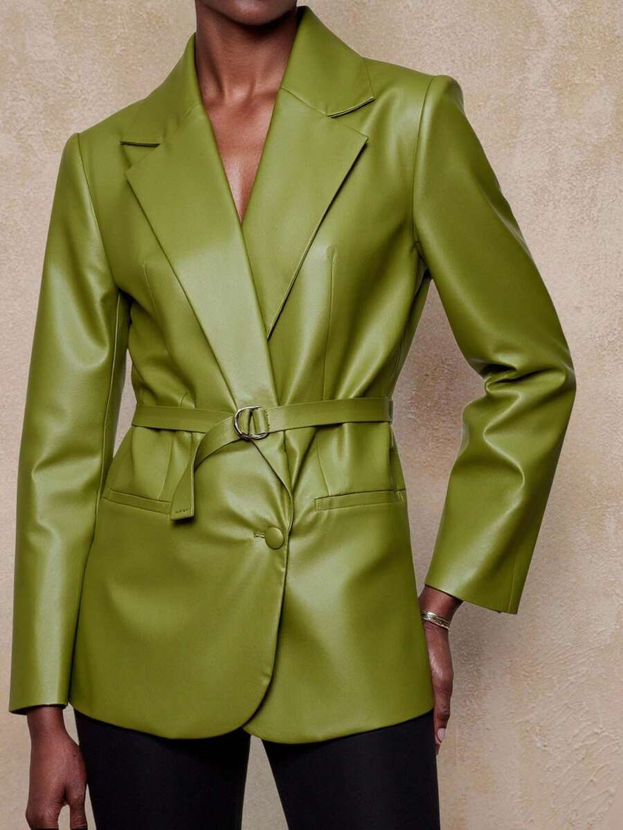 SHEIN Privé VITNOS 新款秋冬高端女士休闲日常通勤女士纯色 PU 皮革翻领长袖时尚西装外套绿色西装外套女士女士仿皮西装外套绿色仿皮西装外套女士西装外套配腰带女士西装外套