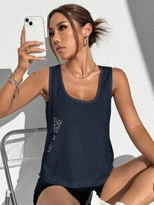 Solea Cove 女式字母印花休闲健身运动背心 - 藏蓝色 - 查看 4