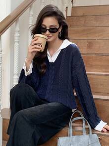 Elyressa Áo len dài tay cổ trễ vai màu tương phản thường ngày cho nữ, Thu/Đông - Xanh đậm - Xem 5