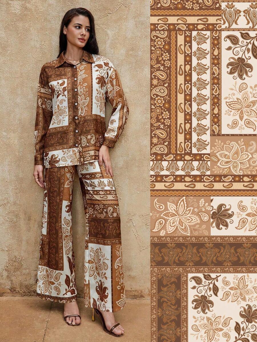 SHEIN Privé VITNOS Women's Two Pieces Set,Brown And Cream Floral Print Shirt And Pants,Boho Long Sleeve Drop Shoulder Elegant Outfit,Autumn Vacation Holiday