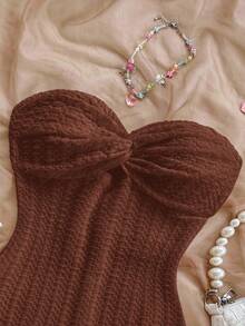 SHEIN PETITE CURVE Plus Size Solid Color Twist Front Bandeau Romper