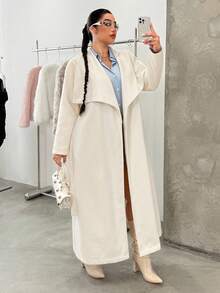 SHEIN EZwear 加大码纯色翻领系带修身休闲大衣，秋冬款 - 白色 - 查看 5