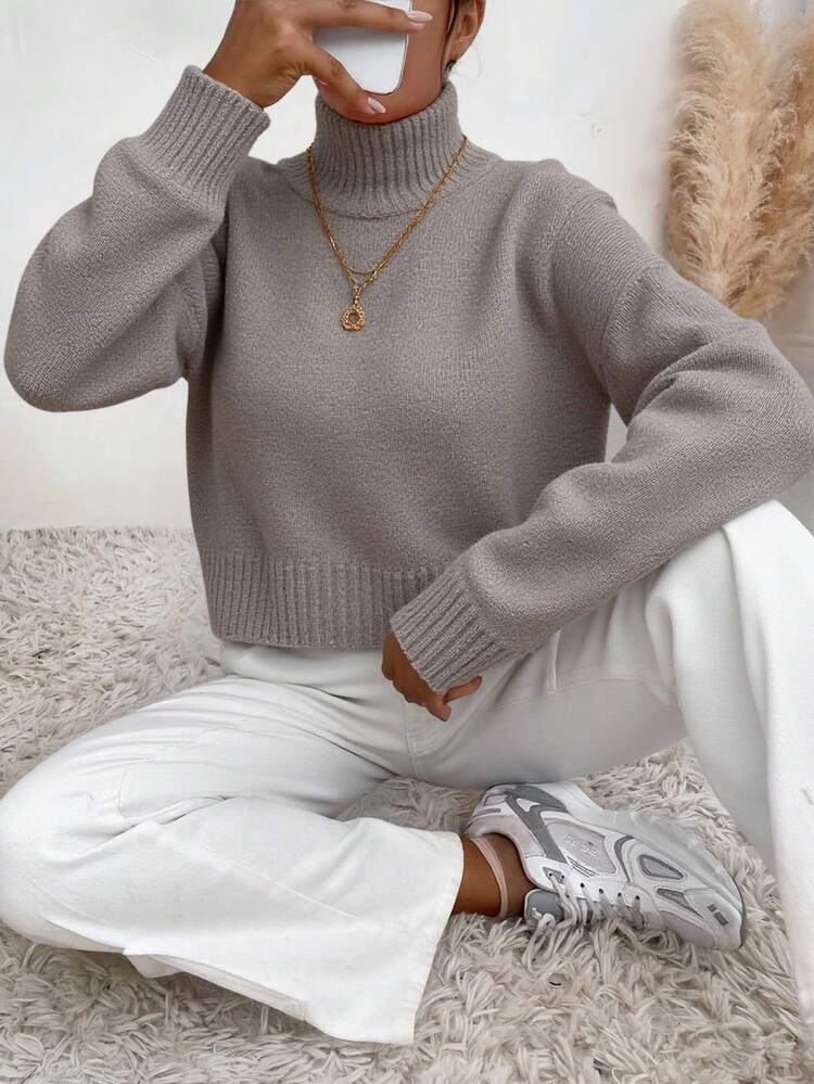 EURMUSE Jersey de cuello cisne de hombros caídos - Gris Claro - Añade 1