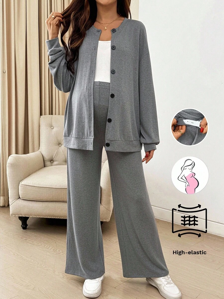 SHEIN Bộ đồ bầu 2 món: Áo khoác dài tay trễ vai màu trơn và quần cạp chun điều chỉnh, trang phục thường ngày cho mùa thu - Xám - Xem 1