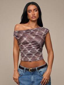 SHEIN BAE Bluză de damă cu guler asimetric, în carouri, stil casual, vară, vacanță - Multicolor - Vizualizare 7