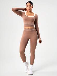 SHEIN Sports Damen nahtloser figurbetonter Kontrast-Farben Sportset - Kaffeebraun - Übersicht 3