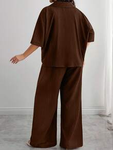 SHEIN Solid Drop Shoulder Button Front Shirt & Wide Leg Pants Set – Effortless Chic Co-Ords - Brown - View 2