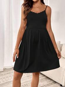 SHEIN 2 件套孕妇和哺乳休闲撞色蕾丝吊带背心连衣裙和夹克套装，夏季 - 黑色 - 查看 3