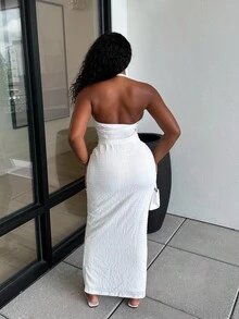 Alexandranx 2 件套女士纯色性感深 V 领吊带针织背心和低腰长裙套装，春夏季度假白色服装 - 白色 - 查看 2